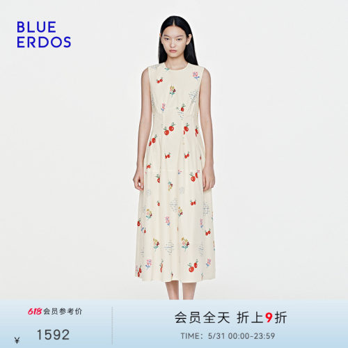 BLUE ERDOS 2026夏季新款连衣裙设计感气质樱桃印花无袖背心长裙