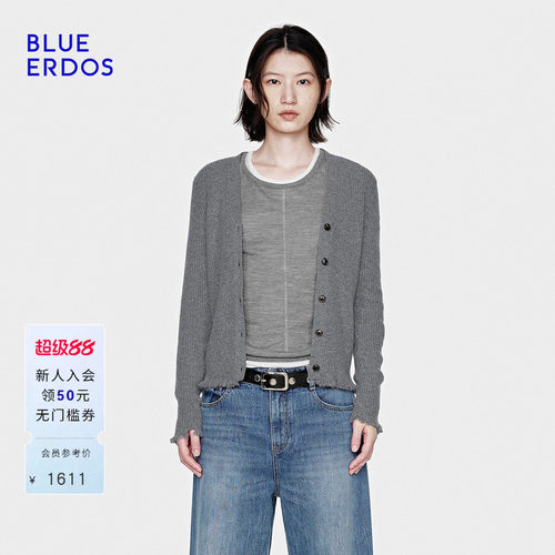 【100%山羊绒】BLUE ERDOS26早春新品简约百搭V领抽条刺绣女开衫