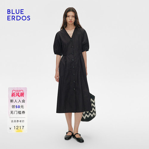 BLUE ERDOS夏季全棉V领五分袖气质连衣裙小黑裙女B255I3020