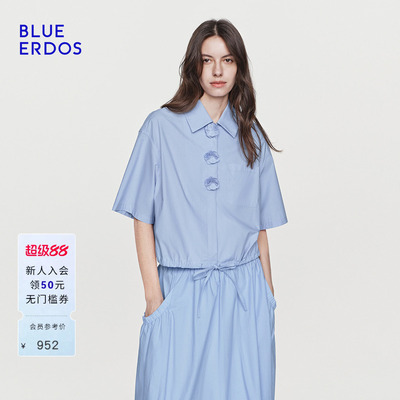 【100%棉】BLUE ERDOS26夏季新品松弛感立体小花抽绳收腰短袖衬衫