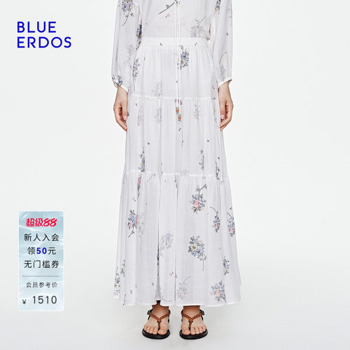 BLUE ERDOS2026夏季新品温柔优雅白底欧花垂坠感蛋糕摆半身长裙女