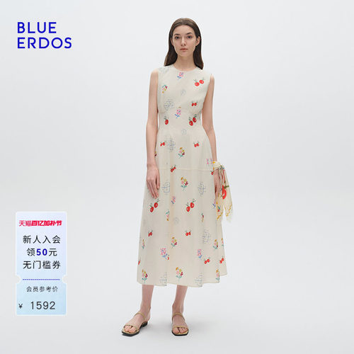BLUE ERDOS夏季新品设计感连衣裙气质樱桃印花无袖背心长裙女