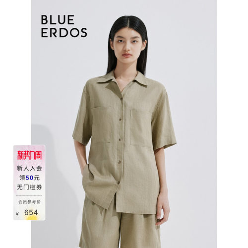 blueerdos宽松翻领亚麻短袖衬衫