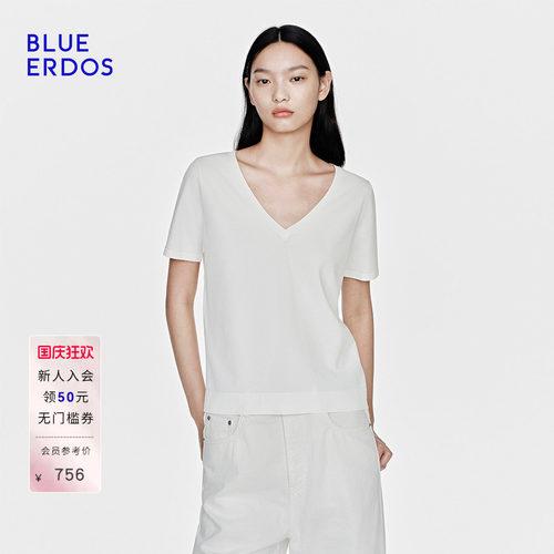 BLUE ERDOS2026秋季休闲百搭V领显瘦半袖T恤女B2265A082