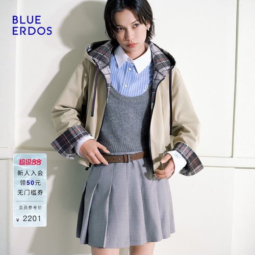 【100%棉】BLUE ERDOS26春季新品英伦风双面穿连帽拉链夹克外套女
