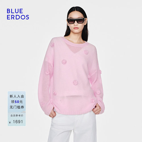 【空气羊绒】BLUE ERDOS26早春新休闲百搭羊毛羊绒立体勾花圆领衫