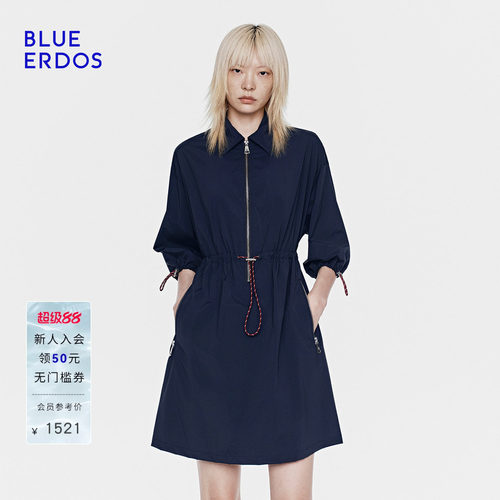 BLUE ERDOS26夏季新品休闲海军蓝Polo领抽绳收腰工装A字连衣裙女