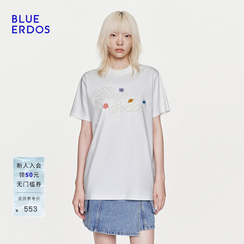 【100%棉】BLUE ERDOS26夏季新品温柔风花朵刺绣LOGO圆领T恤女