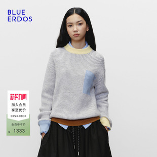 针织衫 BLUE 简约质感羊毛羊绒彩色撞色圆领女套衫 新品 ERDOS春季