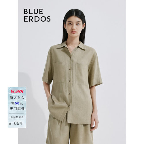 blueerdos宽松翻领亚麻短袖衬衫