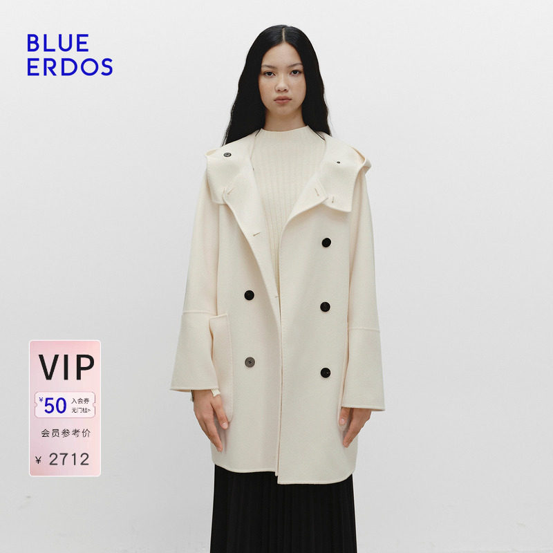 BLUE ERDOS2026秋冬新品毛呢大衣通勤气质绵羊毛混纺连帽外套女