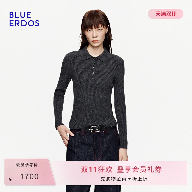 【100%山羊绒】BLUE ERDOS2026秋冬新品修身利落半开扣Polo领套衫