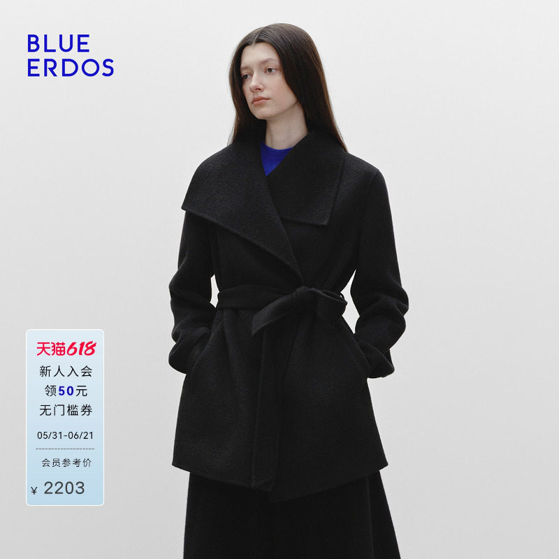 BLUE ERDOS春季新复古百搭羊毛羊绒大翻领中长毛呢大衣女