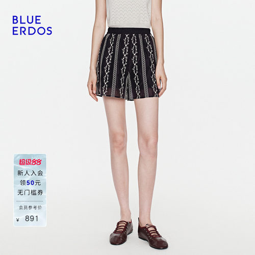 BLUE ERDOS2026夏季新品慵懒通勤藏青色刺绣宽松直筒松紧腰短裤女