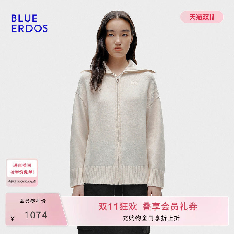 BLUE ERDOS秋季高智简约百搭羊毛羊绒樽领刺绣女开衫B256A1034