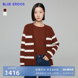 V领条纹设计夹条羊绒针织衫 BLUE 秋冬长袖 女开衫 ERDOS女装