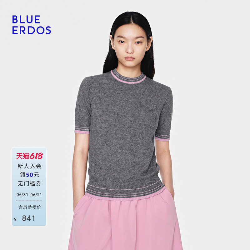 BLUE ERDOS26早春新品休闲百搭羊毛羊绒撞色圆领半袖针织衫女