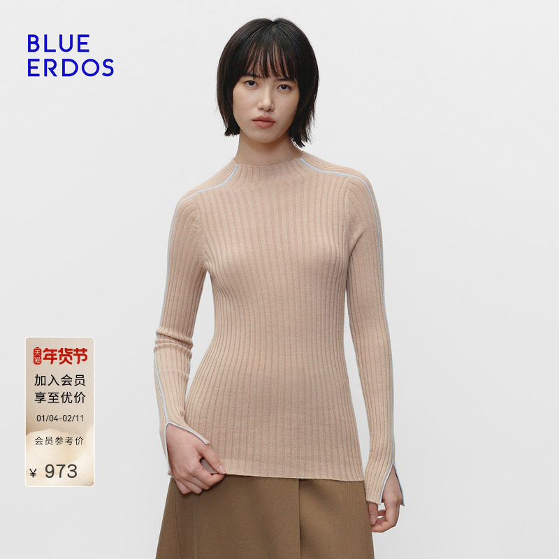 BLUE ERDOS冬季新品简约百搭羊毛羊绒袖口撞色开叉半高领针织衫,女装/女士精品,羊绒衫,淘宝优惠券,粉丝福利购,淘宝优惠卷