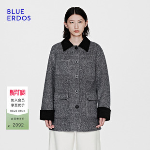 复古翻领撞色中长款 BLUE 新品 春季 毛呢大衣外套女 ERDOS
