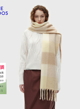 BLUE ERDOS春季新简约百搭绵羊毛混纺棕黄色格纹围巾B256S1018