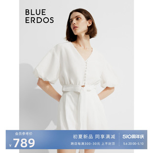 亚麻莱赛尔混纺上衣 简约V领泡泡袖 BLUE ERDOS鄂尔多斯24春夏新款