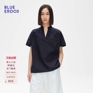 BLUE ERDOS春季简约V领抽褶宽松短袖衬衫女上衣B255H5036