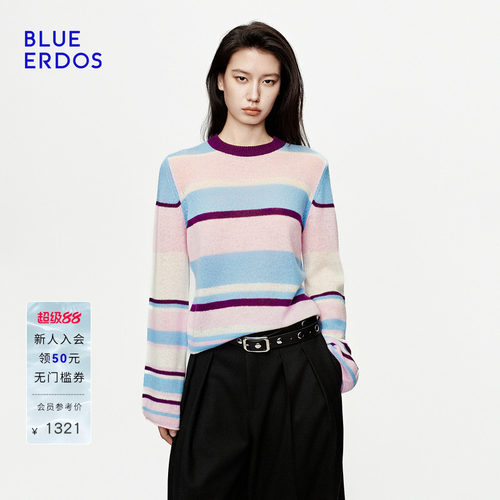 【空气羊绒】BLUE ERDOS2026秋冬新品松弛感撞色条纹圆领针织套衫