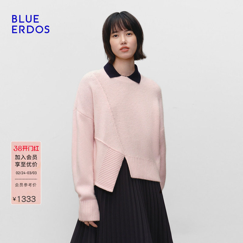BLUE ERDOS 冬季新品时尚简约羊毛羊绒不规则设计圆领女针织衫