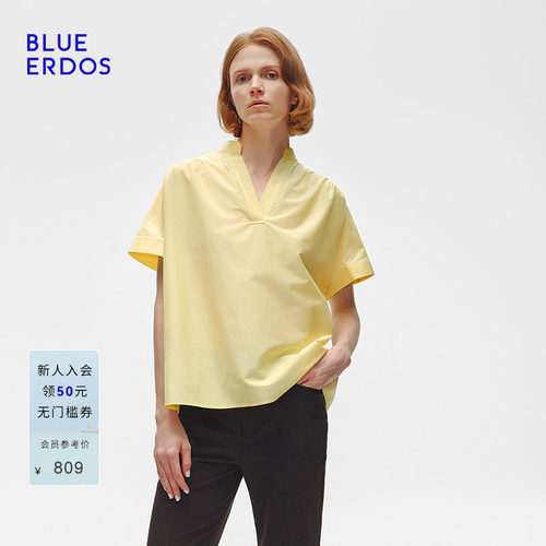 BLUE ERDOS春季简约欧若风V领抽褶设计短袖女上衣B255H5011