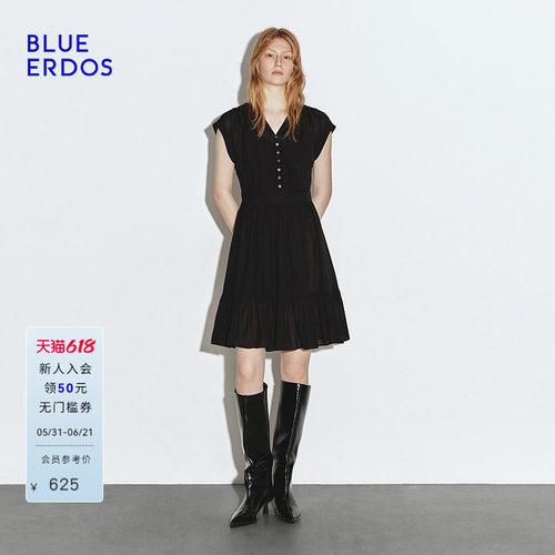 BLUE ERDOS 夏季时尚简约小V领黑色收腰两件套连衣裙B245I2022