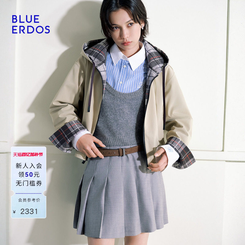 【100%棉】BLUE ERDOS26早春新品英伦风双面穿连帽拉链夹克外套女