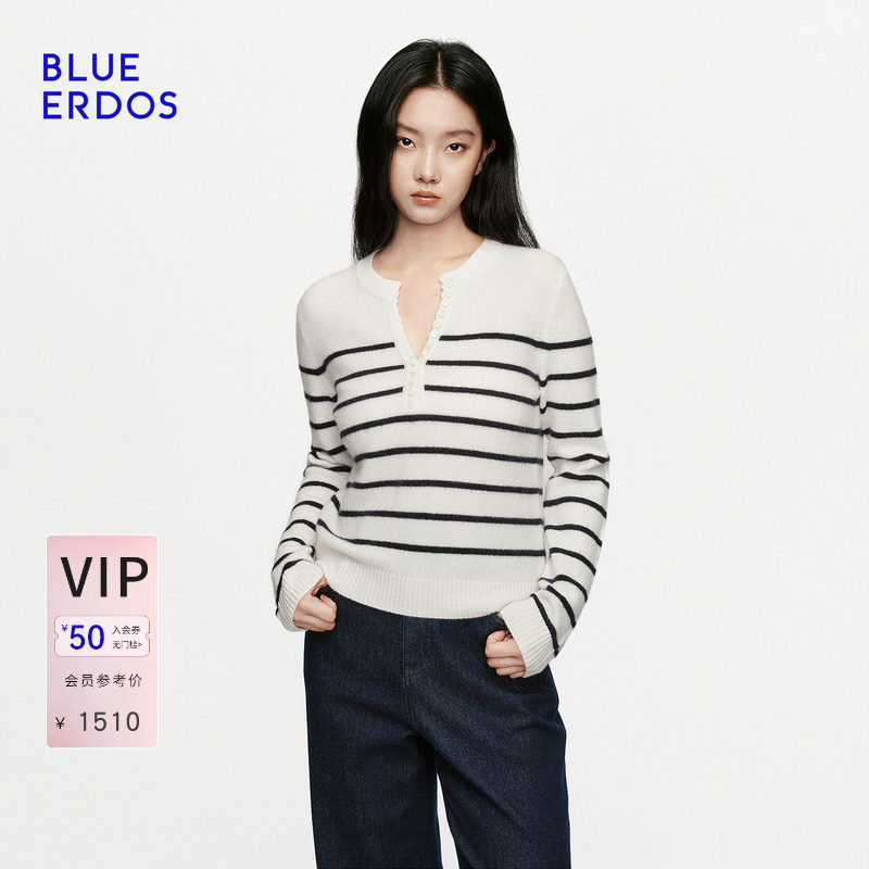 BLUE ERDOS2026秋冬新品条纹上衣休闲松弛山羊绒混纺圆领羊绒衫女
