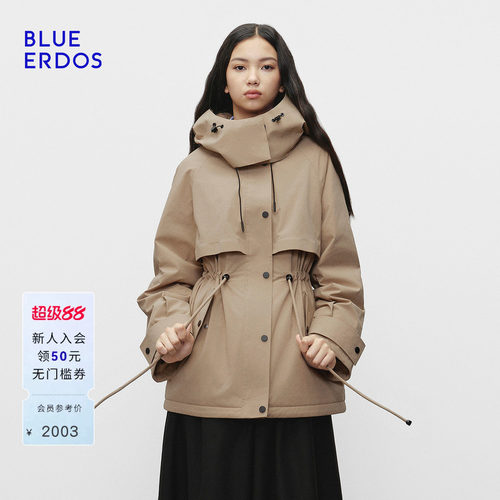 BLUE ERDOS 春季新品复古休闲工装风收腰连帽羽绒服外套女