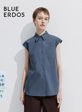 BLUE ERDOS 新款通勤纯色翻领无袖纯棉衬衫女上衣B245HB033