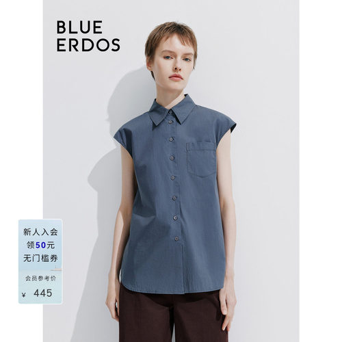 BLUE ERDOS 新款通勤纯色翻领无袖纯棉衬衫女上衣B245HB033