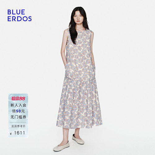 【100%棉】BLUE ERDOS2026夏季新品度假风印花褶饰下摆无袖连衣裙