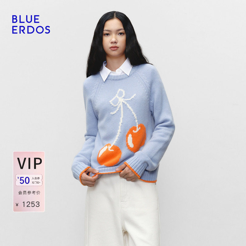 BLUE ERDOS 秋季时尚简约羊毛羊绒混纺圆领樱桃提花女套衫