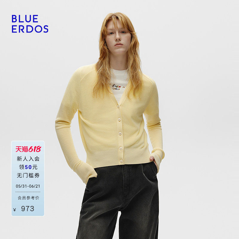 BLUE ERDOS 春季新气质简约奶黄色插肩袖短款针织开衫B256D1001