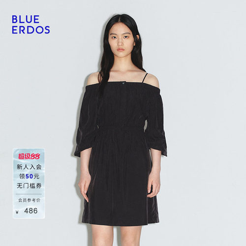 BLUE ERDOS 夏季时尚简约一字肩收腰设计黑色连衣裙B245I4032