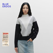 简约高领拼接提花女套衫 BLUE 新品 时尚 ERDOS 冬季
