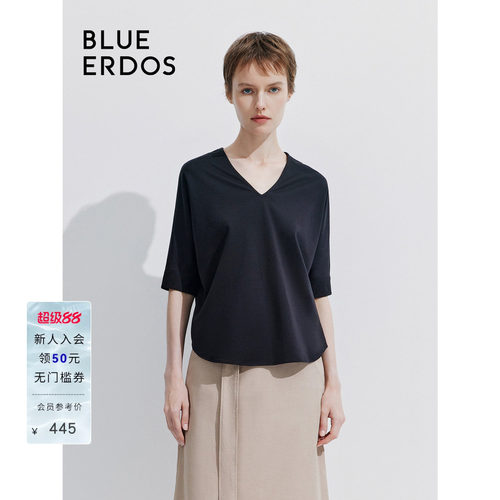 BLUE ERDOS 新款V领纯色宽松拼接五分袖T恤女上衣B245H1039