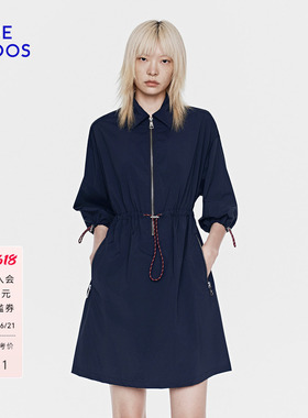 BLUE ERDOS26夏季新品休闲海军蓝Polo领抽绳收腰工装A字连衣裙女