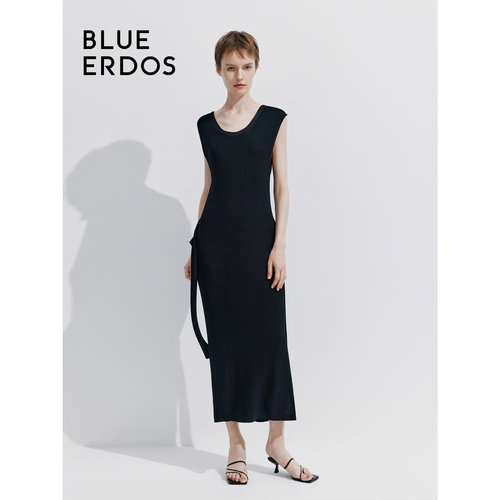 BLUE ERDOS 新款纯色圆领系带侧开叉无袖连衣裙B245D6009
