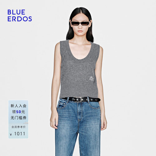 【明星同款】BLUE ERDOS26早春新品100%山羊绒U型领刺绣女背心