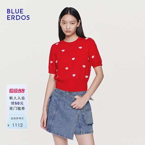 【心愿针织】BLUE ERDOS26早春新品100%绵羊毛圆领提花半袖针织衫