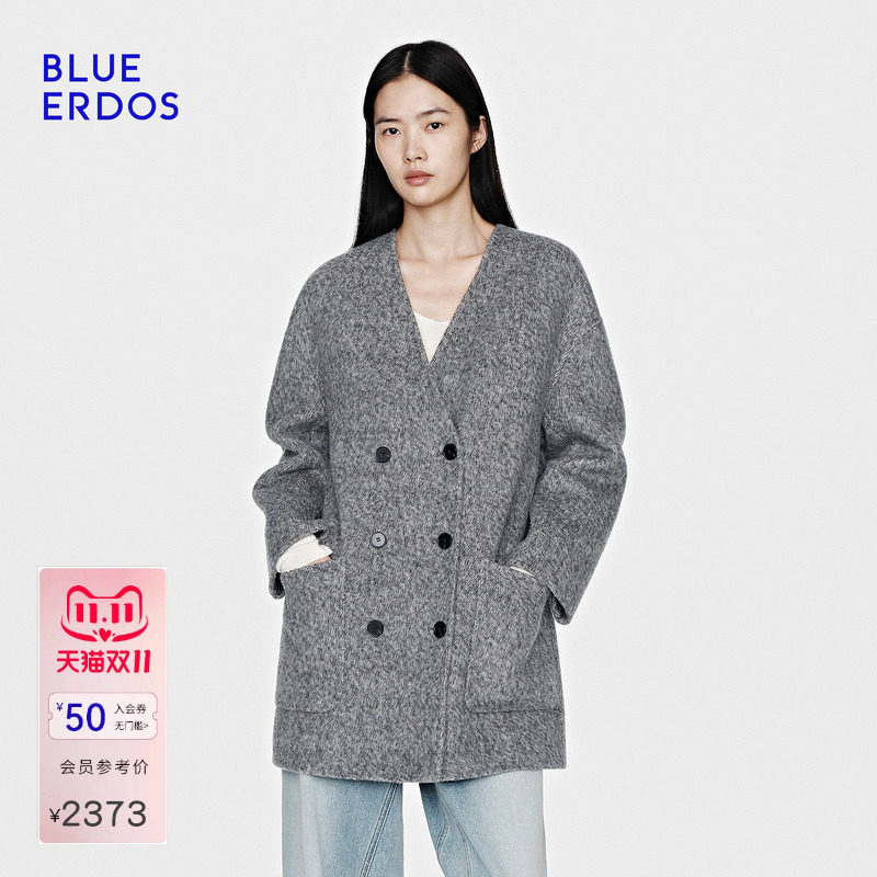 BLUE ERDOS秋季高智格雷系羊毛混纺毛呢女大衣外套(附赠围巾)