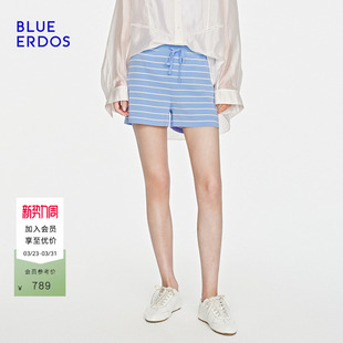 休闲松弛感棉混纺双色条纹四平夹条针织短裤 BLUE ERDOS26早春新品