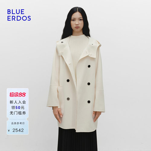 【明星同款】BLUE ERDOS春季新100%绵羊毛连帽双排扣大衣外套女