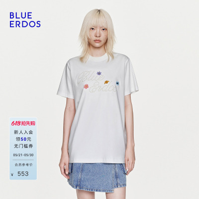 【100%棉】BLUE ERDOS26夏季新品温柔风花朵刺绣LOGO圆领T恤女