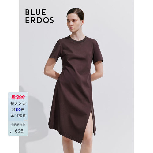 blueerdos纯棉圆领开叉连衣裙